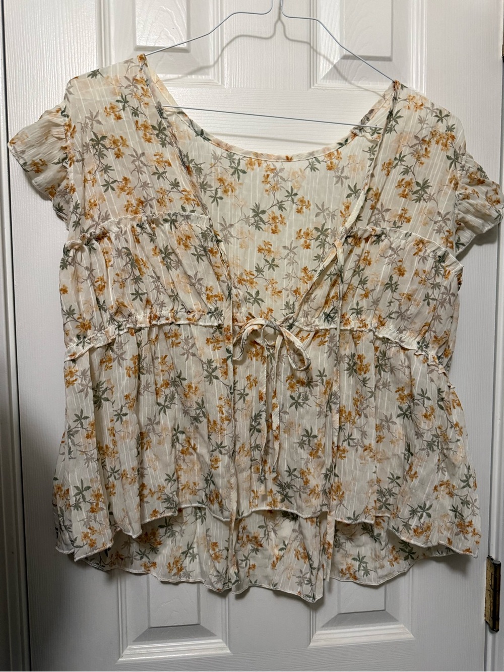 Floral Tie-Front Peasant Top - Cream with Yellow Floral Print